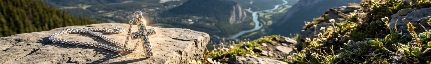 A mountain landscape with rugged peaks, a valley, and a winding river under a blue sky, with a small cross resting on a rocky foreground.